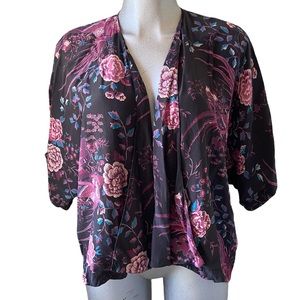 Lucky Brand Silk Kimono Cardigan Top S/M Bird/Floral Open Front Boho Fairy-Goth